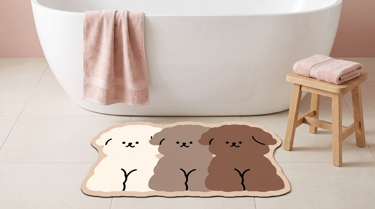 A bath mat shaped like three sitting puppies on a tiled floor in front of a white bathtub