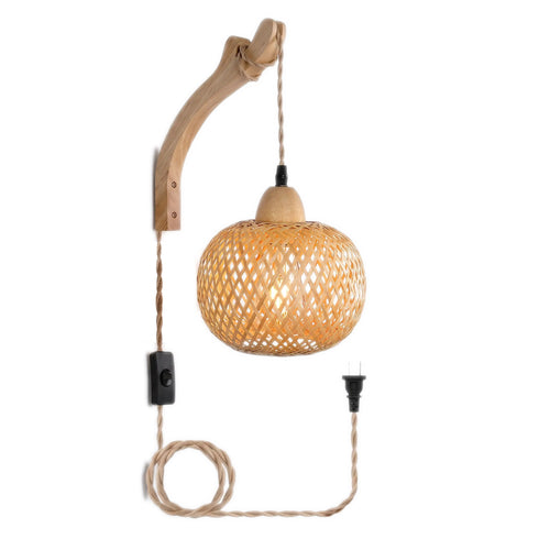 Bamboo Globe Plug-In Wall Sconce, Curved Arm mount, lit, on a white background