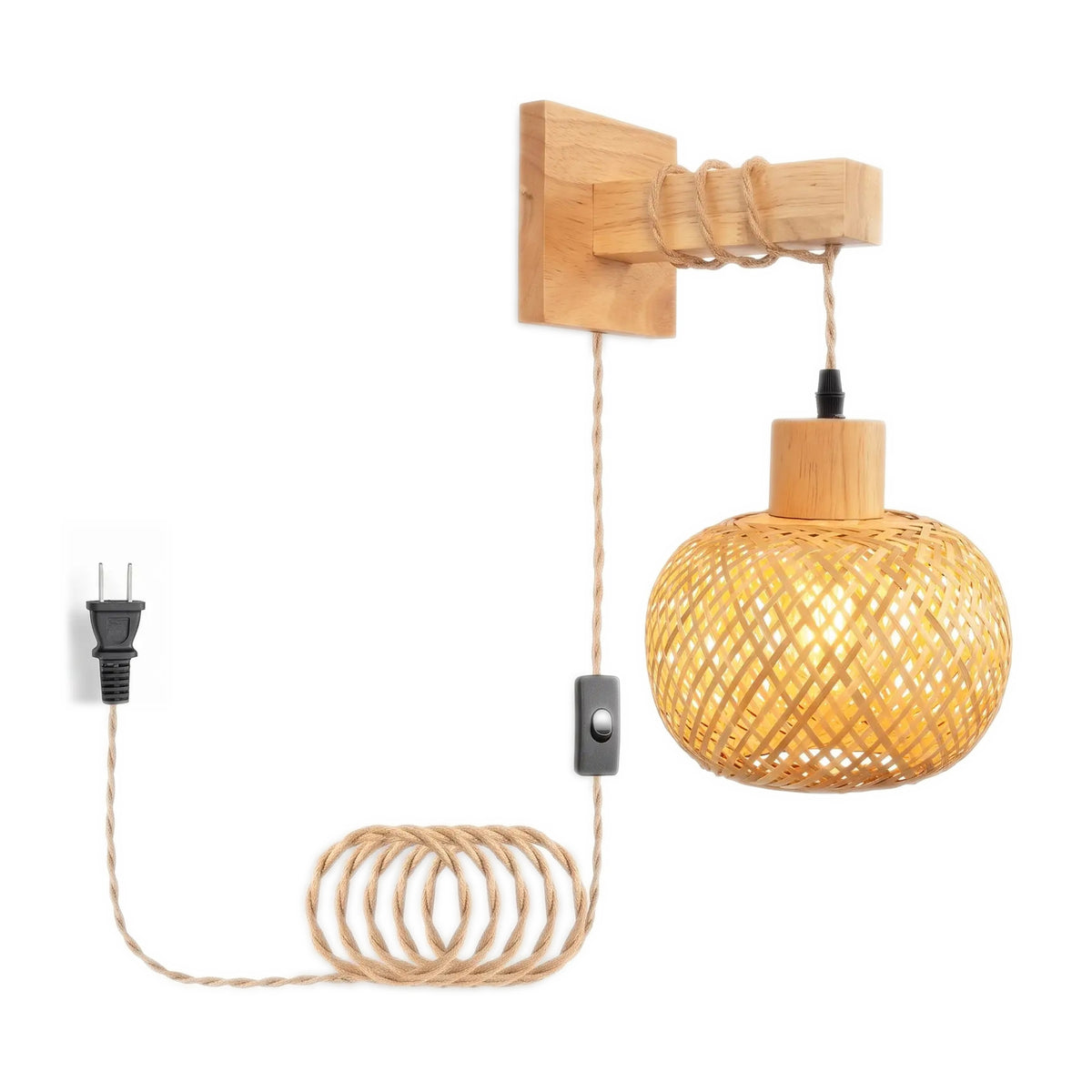 Bamboo Globe Plug-In Wall Sconce, Square Mount, lit, on a white background