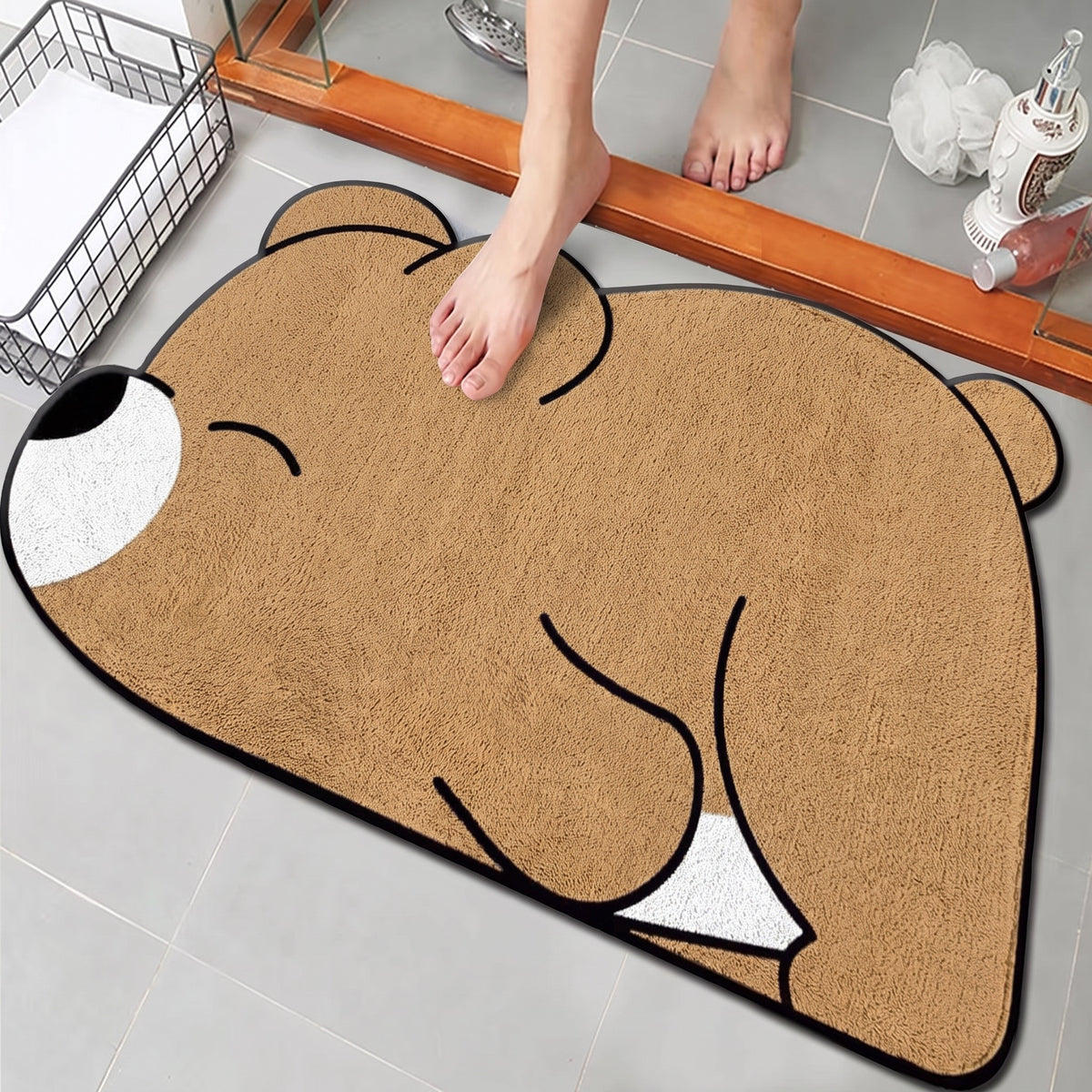 Bear Bath Mat, Brown Bear design, on a tiled bathroom floor at a shower door