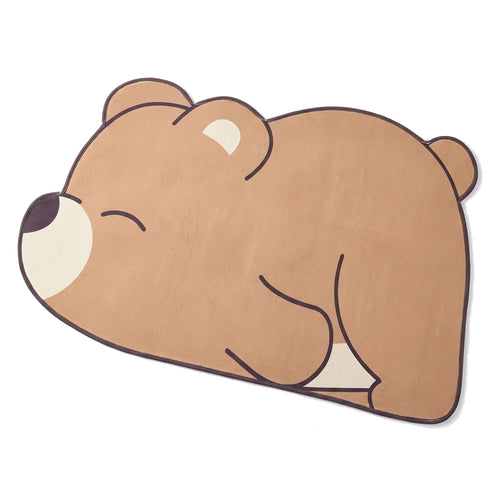 Bear Bath Mat, Brown Bear design, on white seen from above: a mat cut around a cartoon light-brown bear asleep on its front