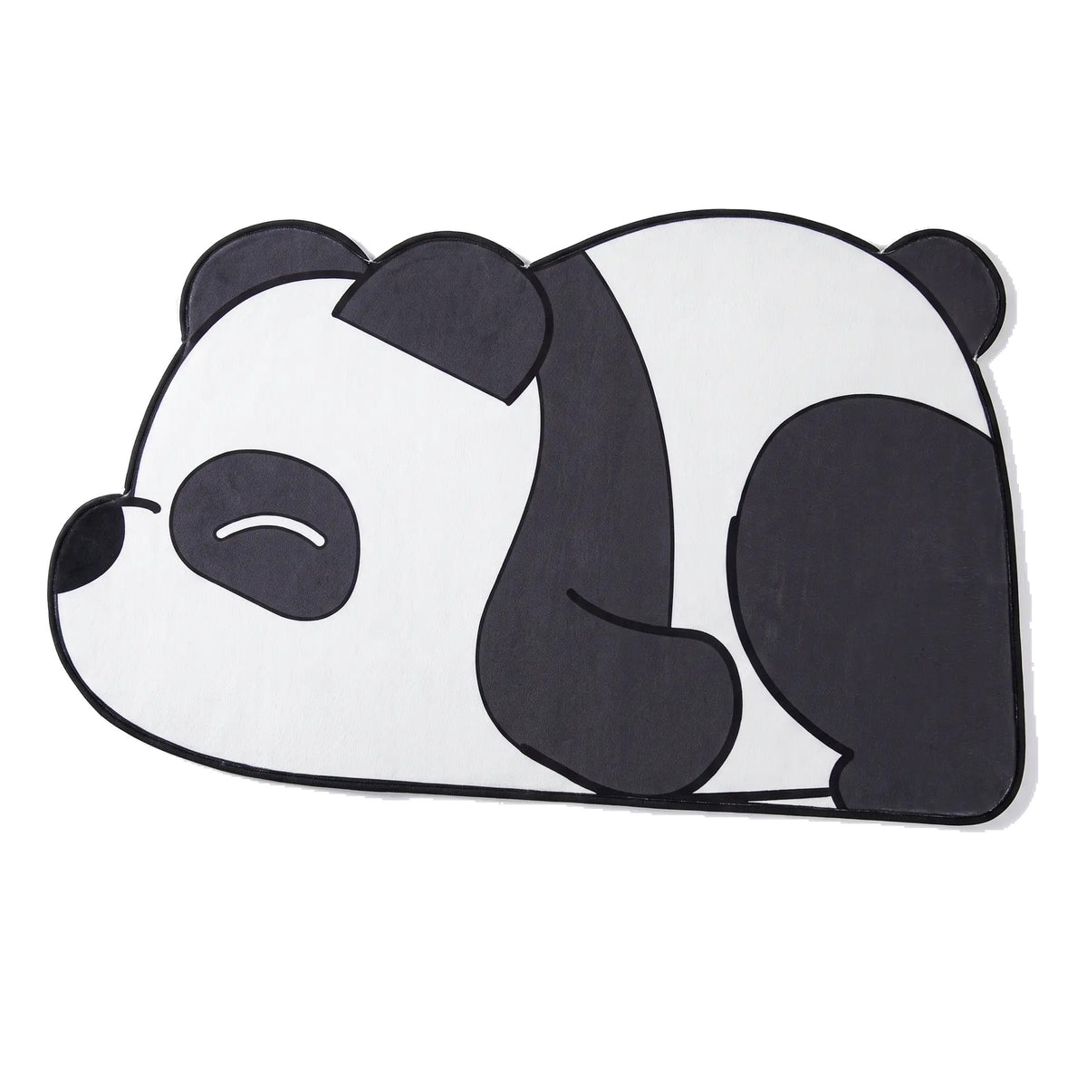 Bear Bath Mat, Panda design, on white seen from above: a mat cut around a cartoon panda asleep on its front