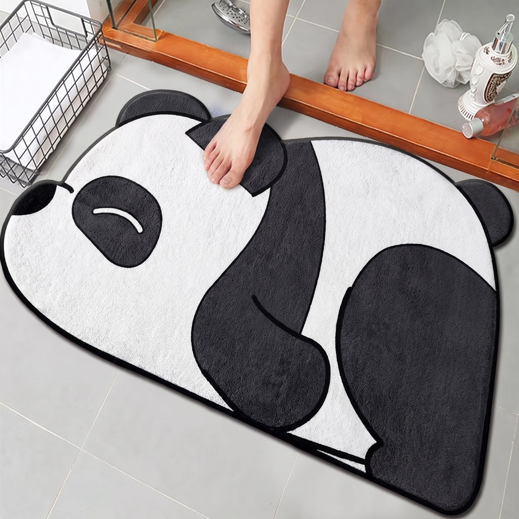 Bear Bath Mat, Panda design, on a tiled bathroom floor at a shower door