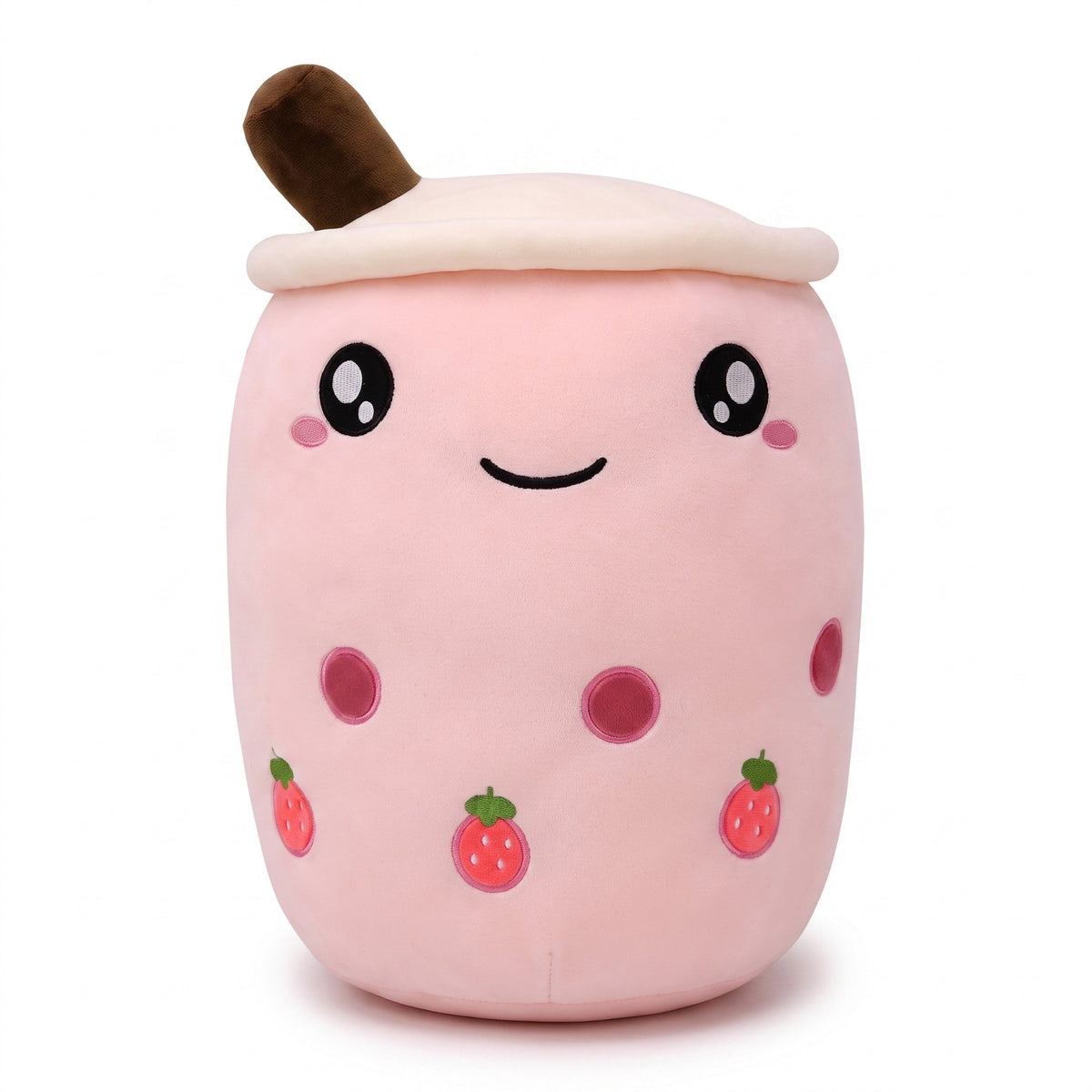 Boba Plush Pillow in pink with open eyes, a plush bubble-tea cup with a cream lid, straw, pearls and strawberry prints, on a white background
