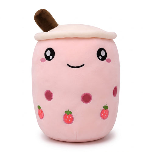 Boba Plush Pillow in pink with open eyes, a plush bubble-tea cup with a cream lid, straw, pearls and strawberry prints, on a white background