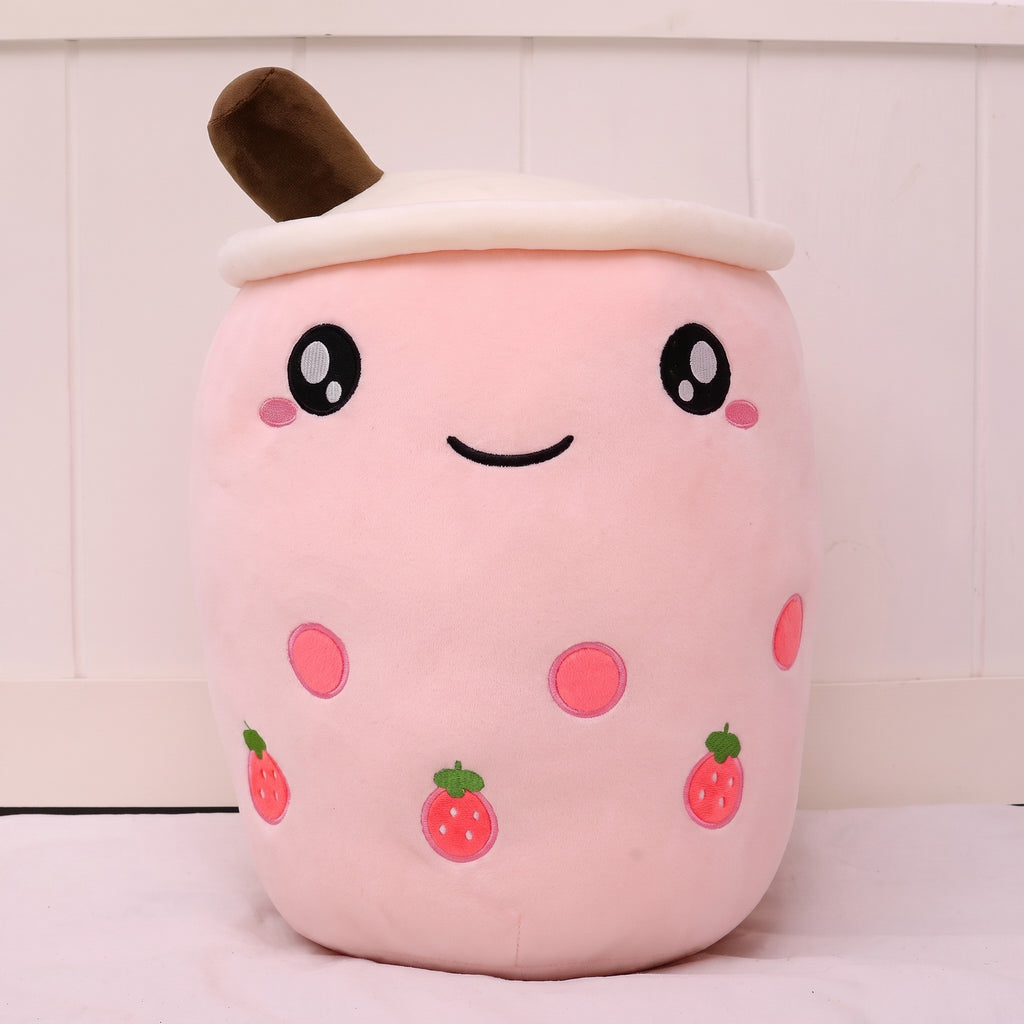 Boba Plush Pillow in pink with open eyes and strawberry prints, front view