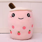 Boba Plush Pillow in pink with open eyes and strawberry prints, front view