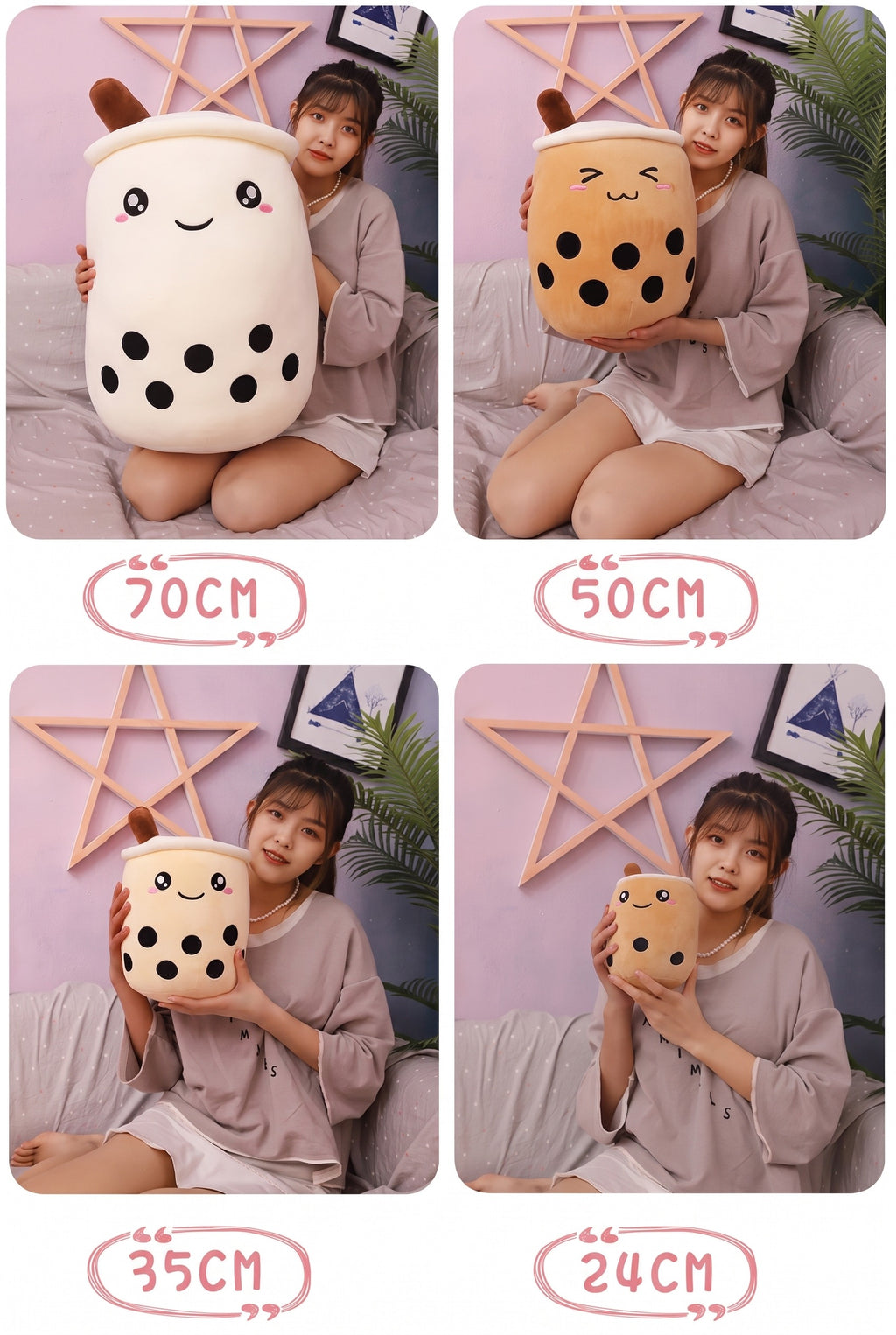 Boba Plush Pillow sizes held by a model: about 28, 20, 14 and 9 inches tall (70, 50, 35 and 24 cm)