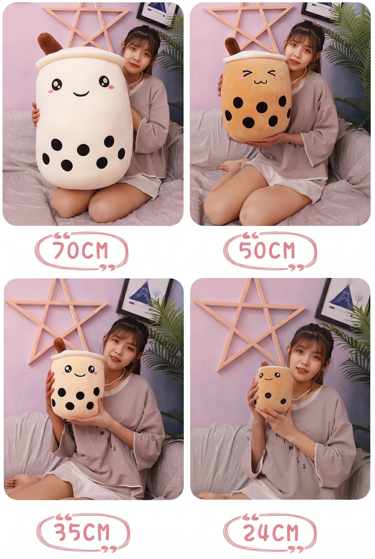 Boba Plush Pillow sizes held by a model: about 28, 20, 14 and 9 inches tall (70, 50, 35 and 24 cm)