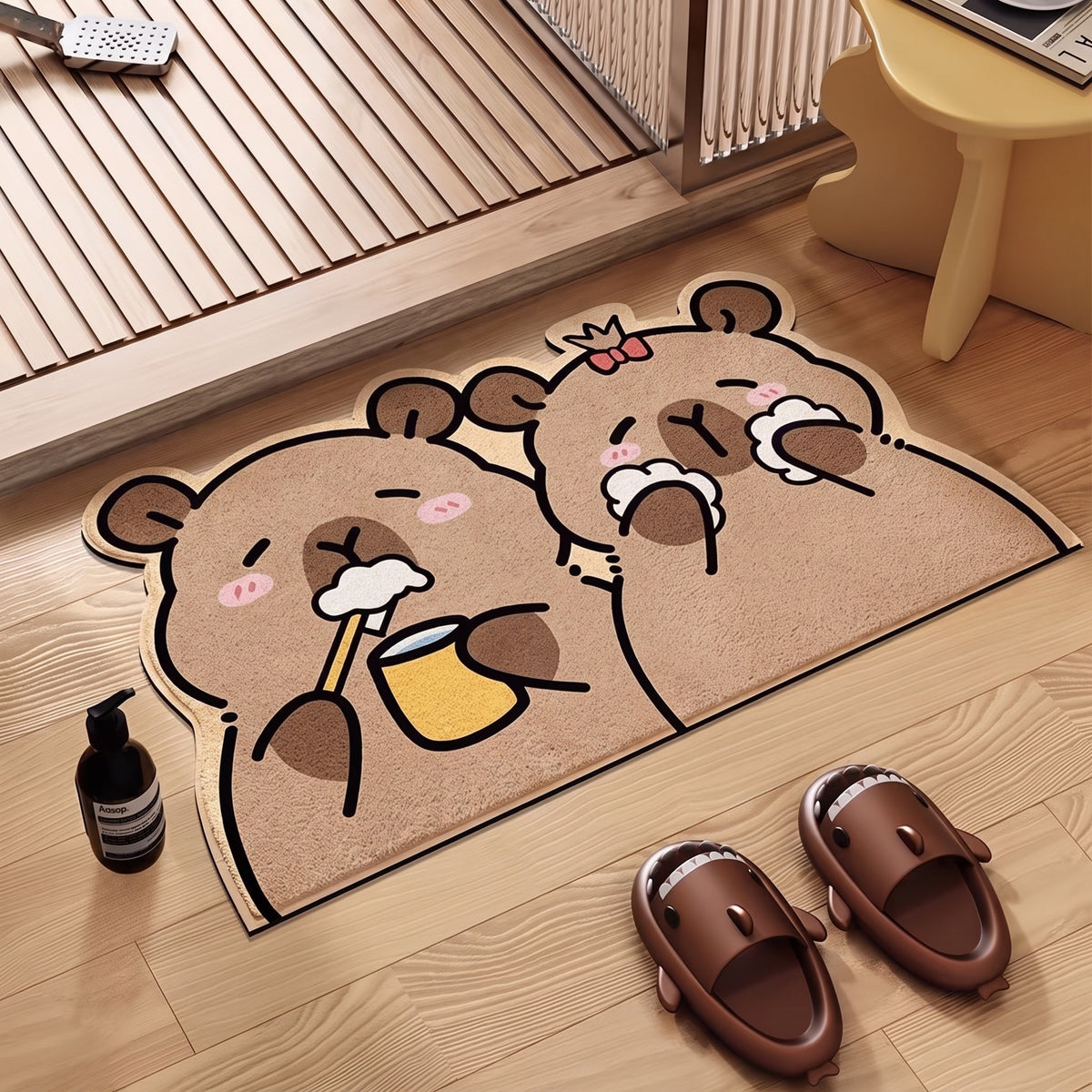 Capybara Bath Mat, Brushing Teeth design: two cartoon capybaras brushing their teeth, on a wood floor with slippers