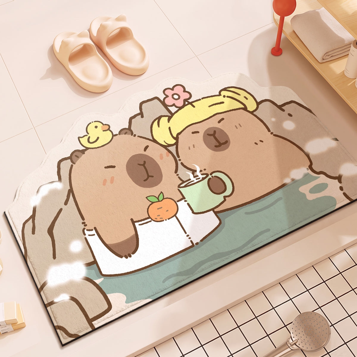 Capybara Bath Mat, Hot Spring design: two cartoon capybaras soaking in a pale blue hot spring, on a bathroom floor with slippers