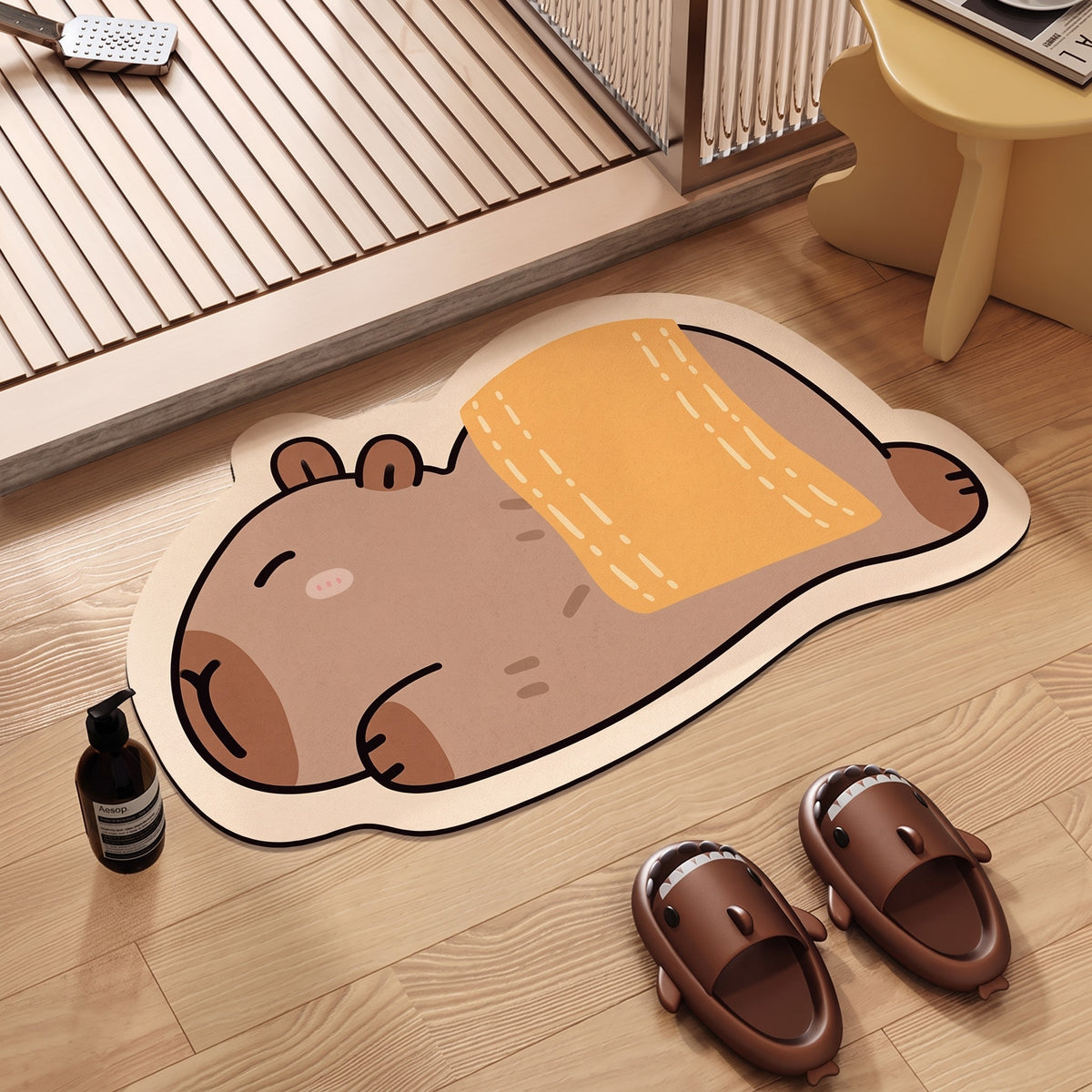 Capybara Bath Mat, Towel Wrap design, on a wood floor with slippers