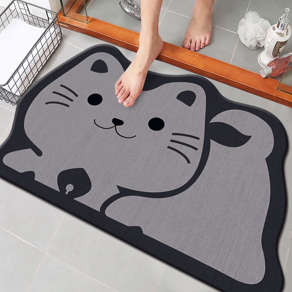 Cat Bath Mat, Grey Cat design, on a tiled bathroom floor at a shower door