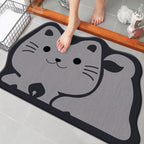 Cat Bath Mat, Grey Cat design, on a tiled bathroom floor at a shower door