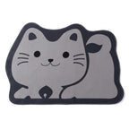 Cat Bath Mat, Grey Cat design, on white seen from above: a mat cut around a cartoon grey cat lying on its side with its head up