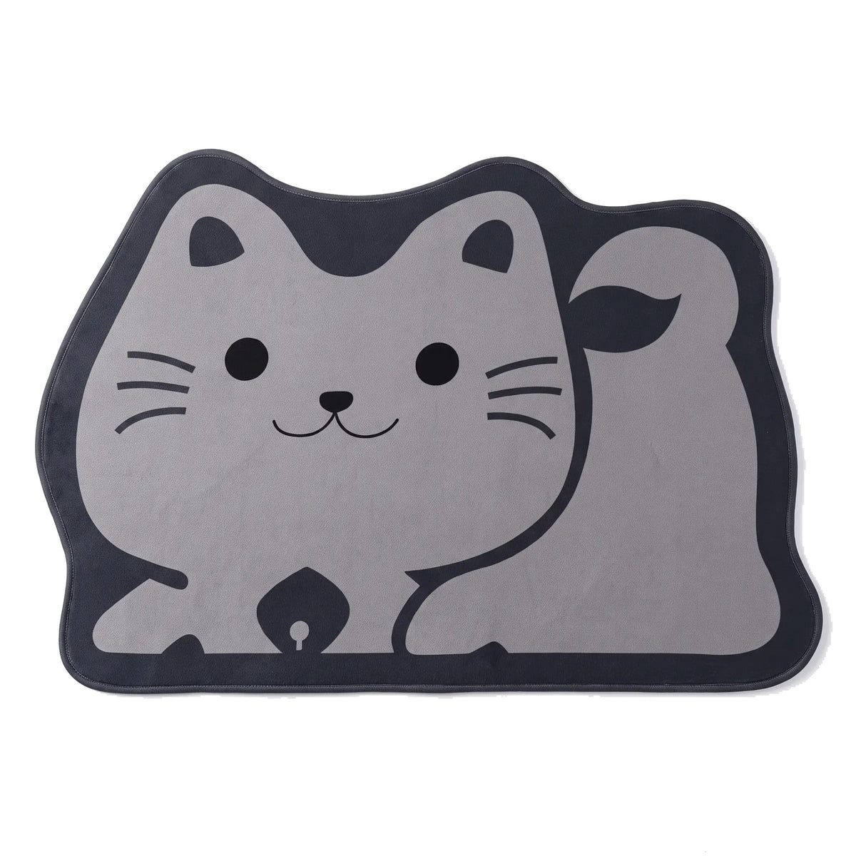 Cat Bath Mat, Grey Cat design, on white seen from above: a mat cut around a cartoon grey cat lying on its side with its head up