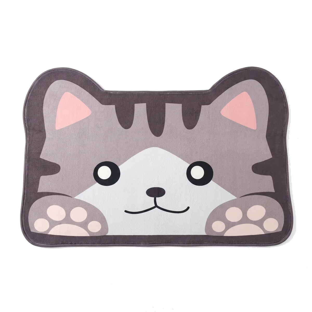 Cat Bath Mat, Tabby Cat design, on white seen from above: a mat shaped as a grey tabby cat's face with a white muzzle, pink ears and one eye closed