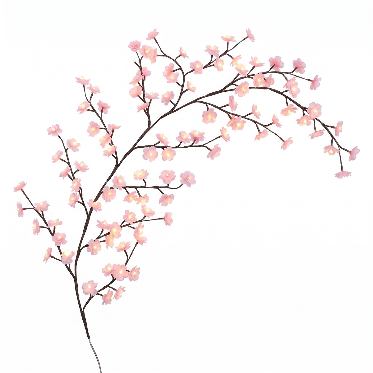 Cherry Blossom Branch Light in pink, a single bendable branch of lit warm-white blossoms, on a white background