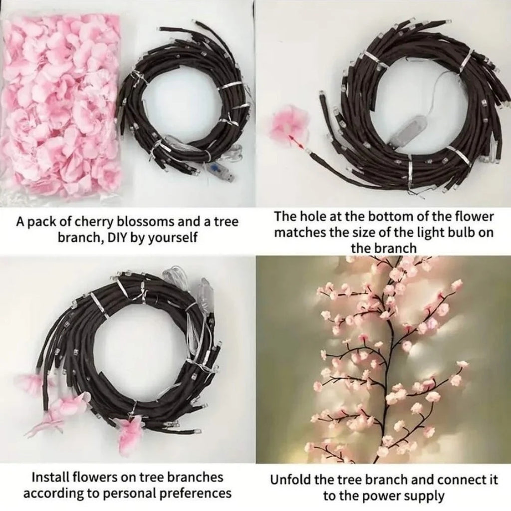 How the Cherry Blossom Branch Light assembles: the loose blossoms press onto the LED tips of the coiled branch, then it unfolds and plugs into USB