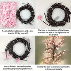 How the Cherry Blossom Branch Light assembles: the loose blossoms press onto the LED tips of the coiled branch, then it unfolds and plugs into USB