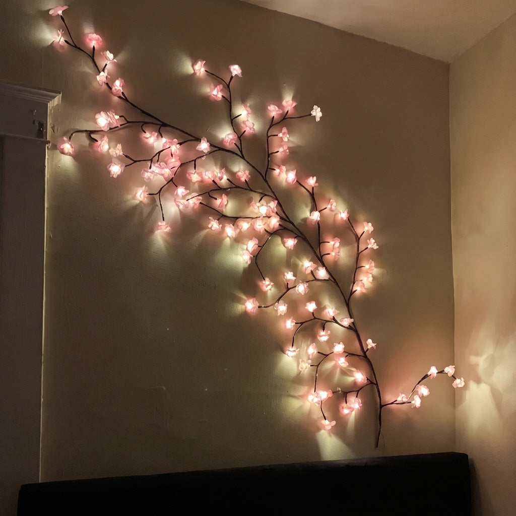 Pink Cherry Blossom Branch Light sweeping across the corner of a room