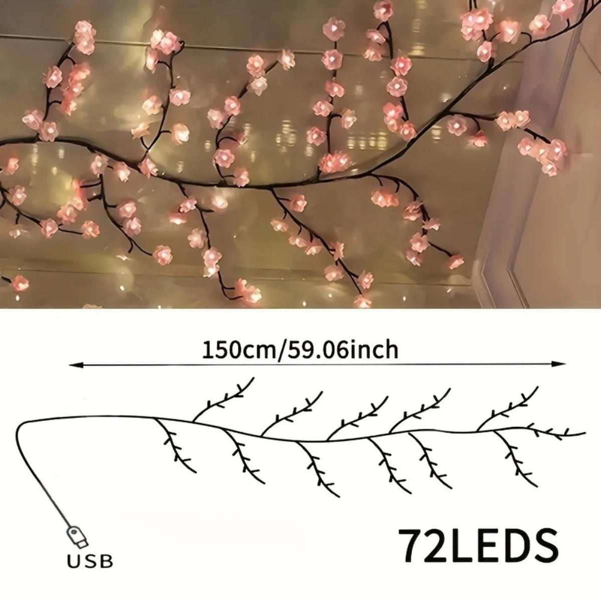 Size diagram: the 72 LED Cherry Blossom Branch Light is about 150 cm (59 in) long with a USB plug