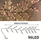 Size diagram: the 96 LED Cherry Blossom Branch Light is about 190 cm (75 in) long with a USB plug