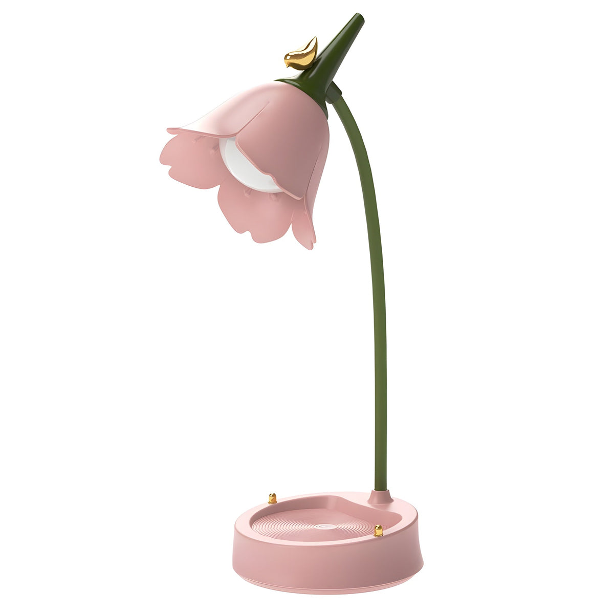 Flower LED Desk Lamp in pink - flower-shaped petal shade with gold bird, green gooseneck stem, and round tray base, on white background