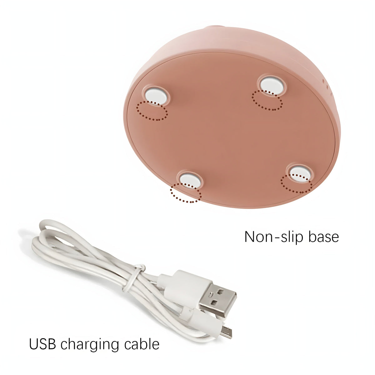 Underside of the lamp base showing four non-slip pads, next to the included USB charging cable