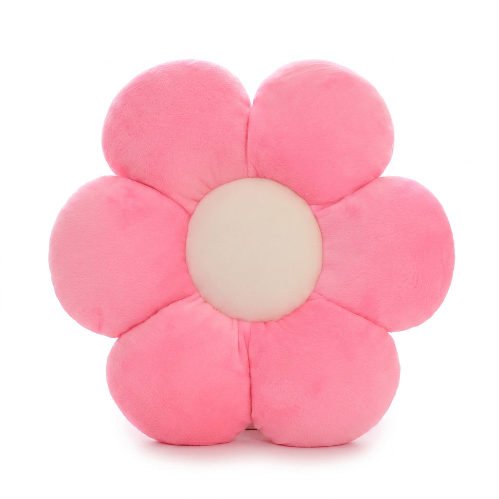 Flower Plush Pillow in pink, six smooth plush petals with a cream center, on a white background