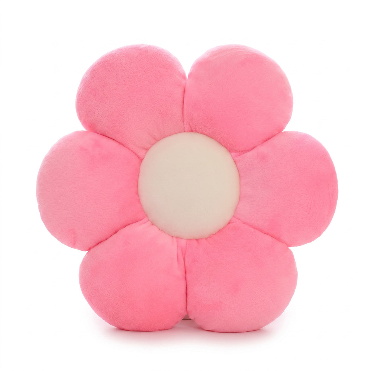 Flower Plush Pillow in pink, six smooth plush petals with a cream center, on a white background