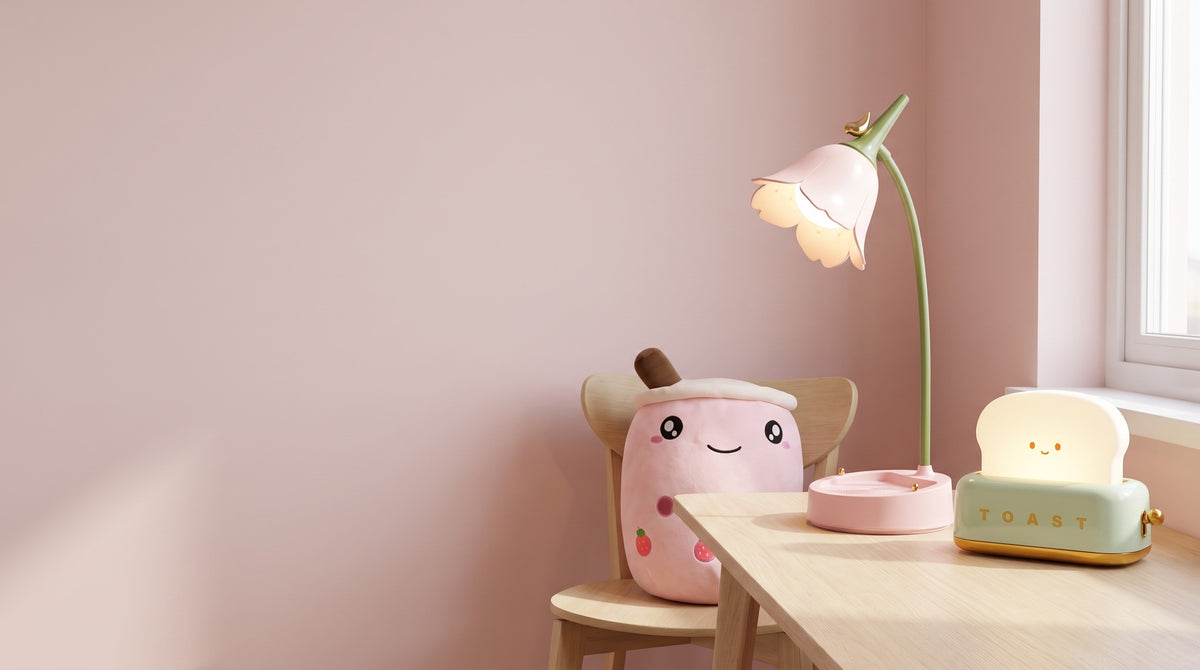Flower LED Desk Lamp, Toaster Night Light and Boba Plush Pillow on a desk in a pink room