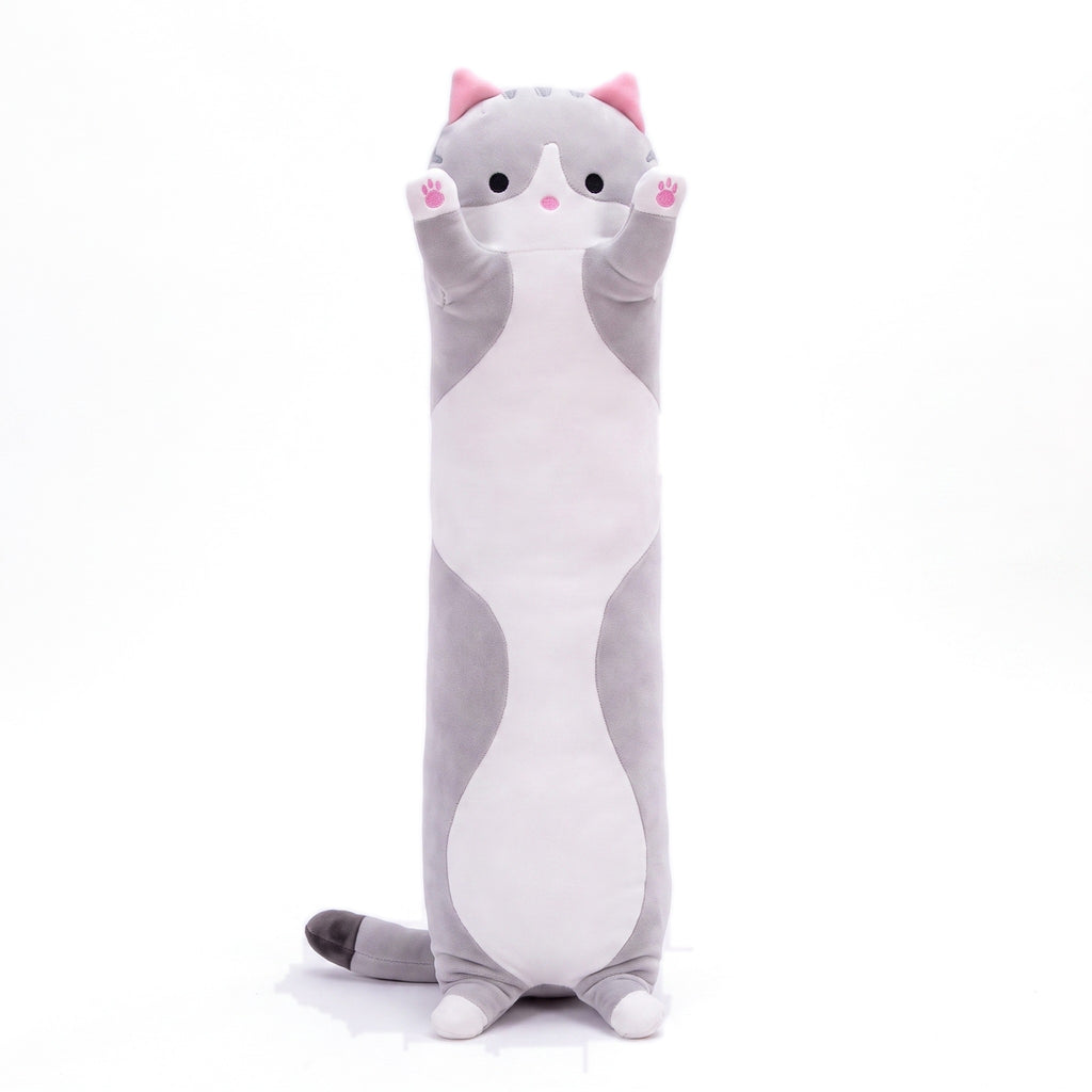 Long Cat Plush Pillow in grey, a slim plush cat with a white belly, pink-lined ears and raised paws, on a white background