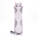 Long Cat Plush Pillow in grey, a slim plush cat with a white belly, pink-lined ears and raised paws, on a white background