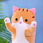 Close-up of the orange Long Cat Plush Pillow's face and raised paws