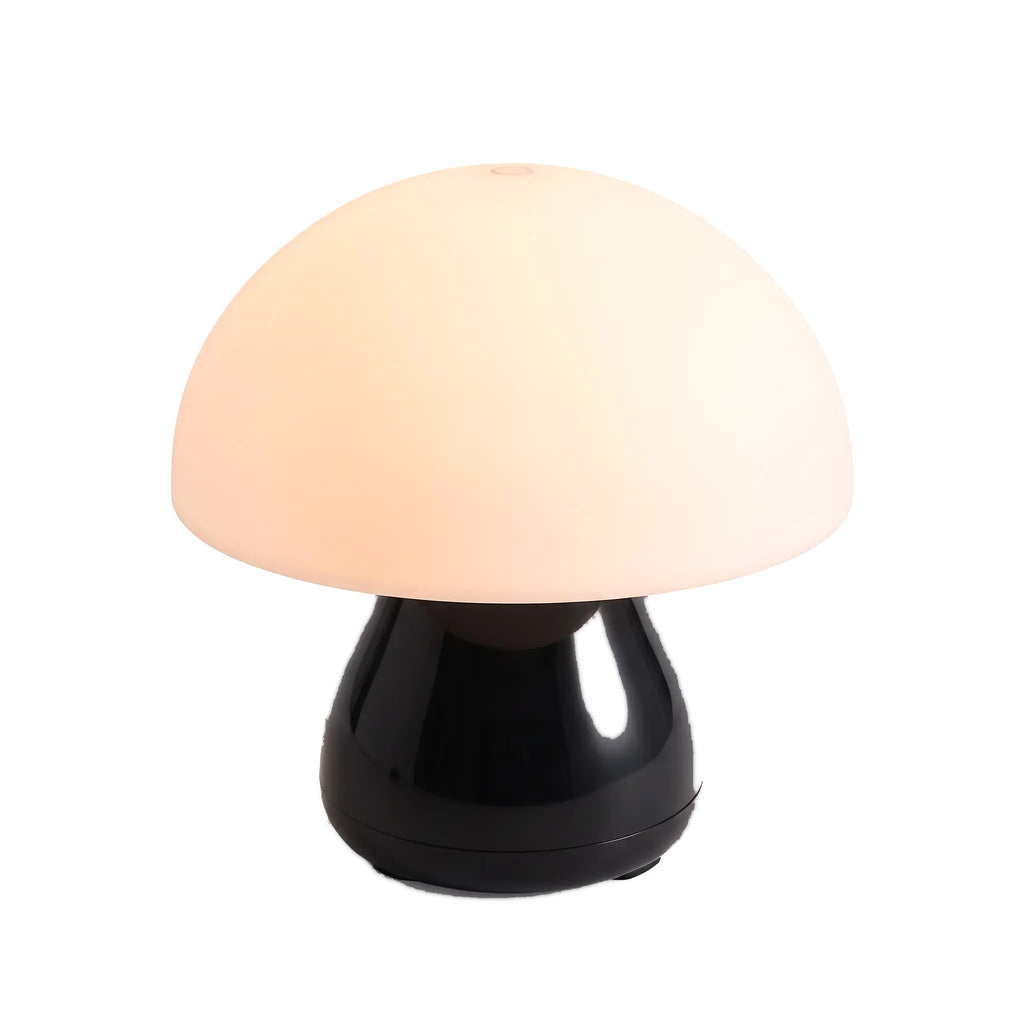 Mini Mushroom Touch Lamp in Black, lit, on a white background