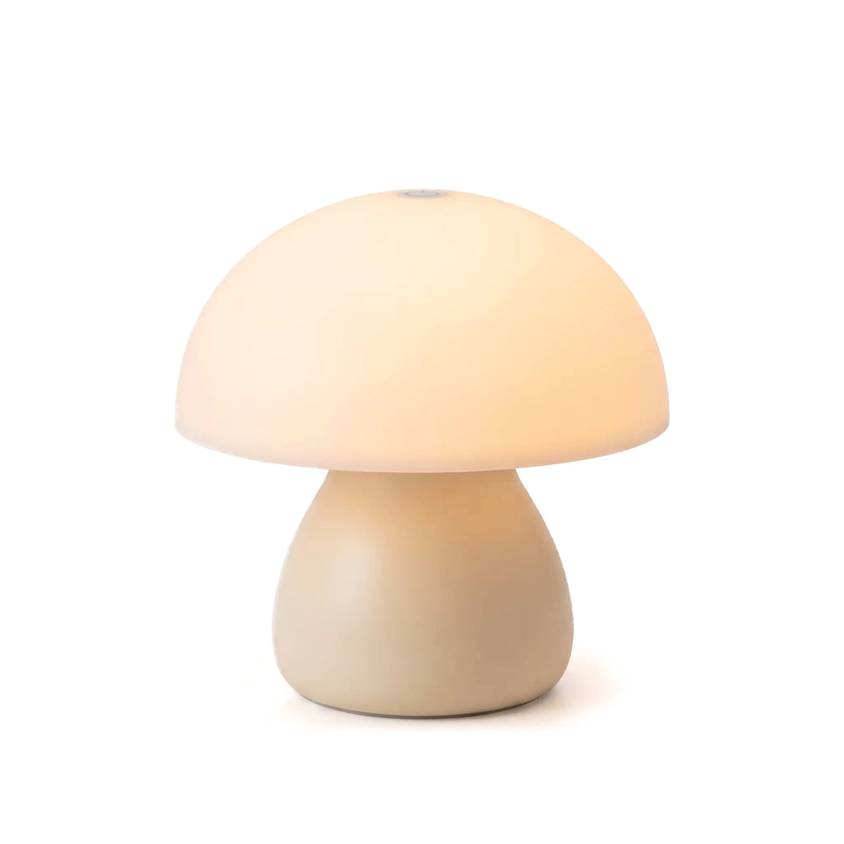 Mini Mushroom Touch Lamp in Cream, lit, on a white background