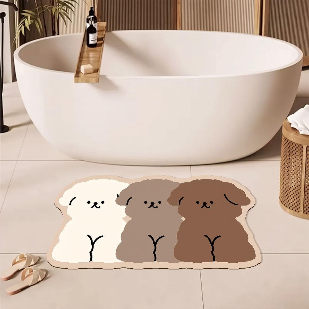 Puppy Trio Bath Mat beside a freestanding tub with slippers and a woven basket