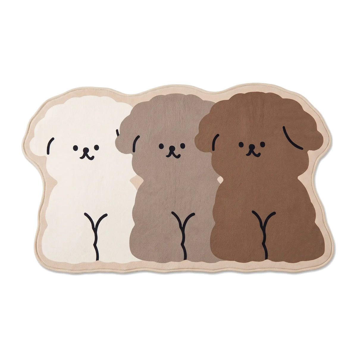 Puppy Trio Bath Mat on white, seen from above: a mat cut around three cartoon puppies in cream, taupe and brown with a pale beige wavy border