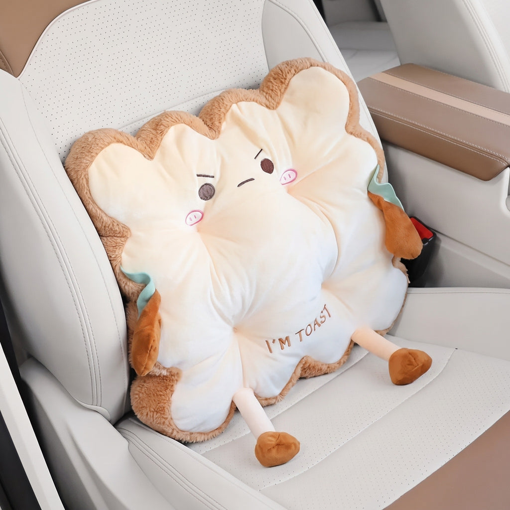 Toast Seat Cushion with the Grumpy face against a white car seat