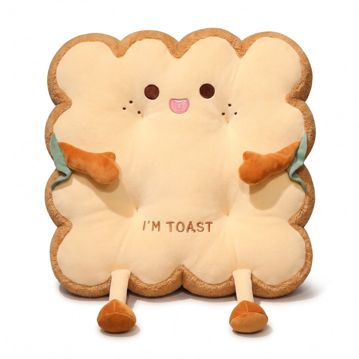 Toast Seat Cushion with the Cheeky face, a plush slice of toast with an embroidered face, small arms and dangling legs, on a white background