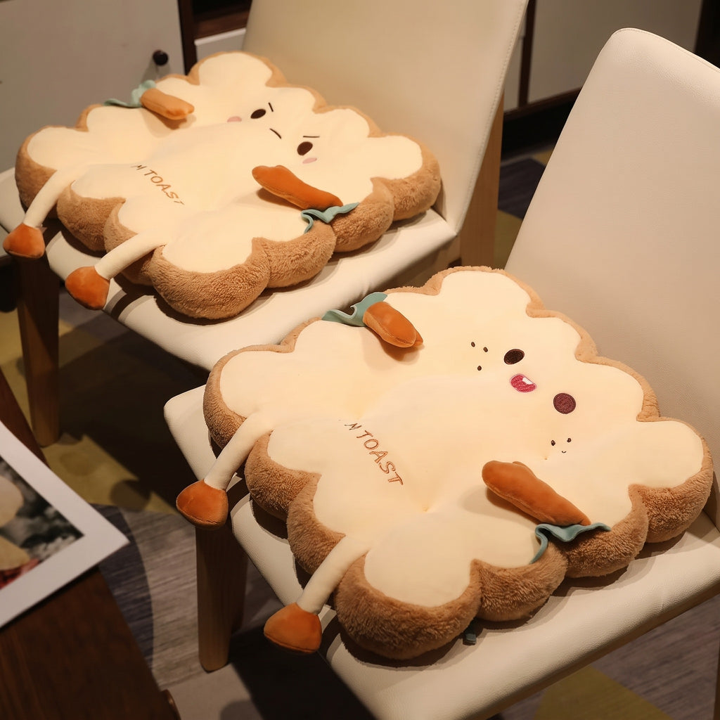 Two Toast Seat Cushions, Cheeky and Happy faces, on white dining chairs
