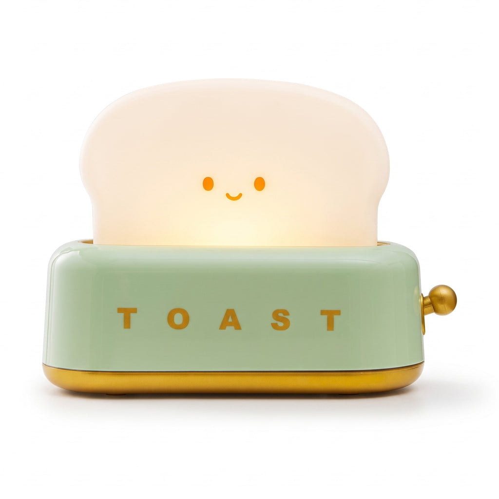 Toaster Night Light in mint, a small toaster with a glowing slice of toast, switched on, on a white background
