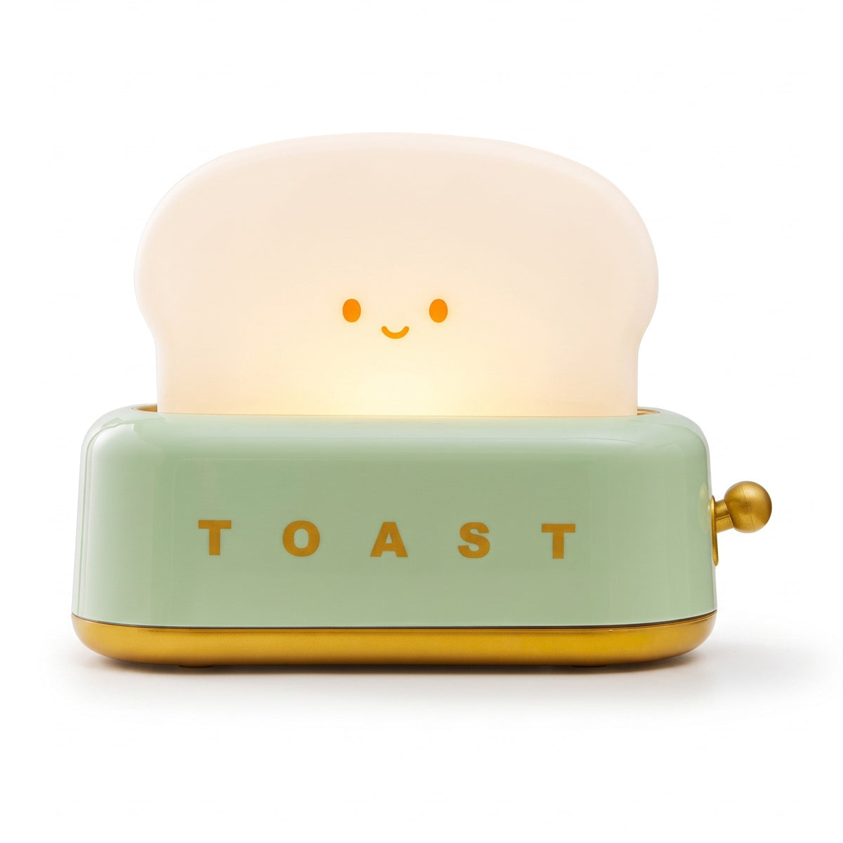 Toaster Night Light in mint, a small toaster with a glowing slice of toast, switched on, on a white background