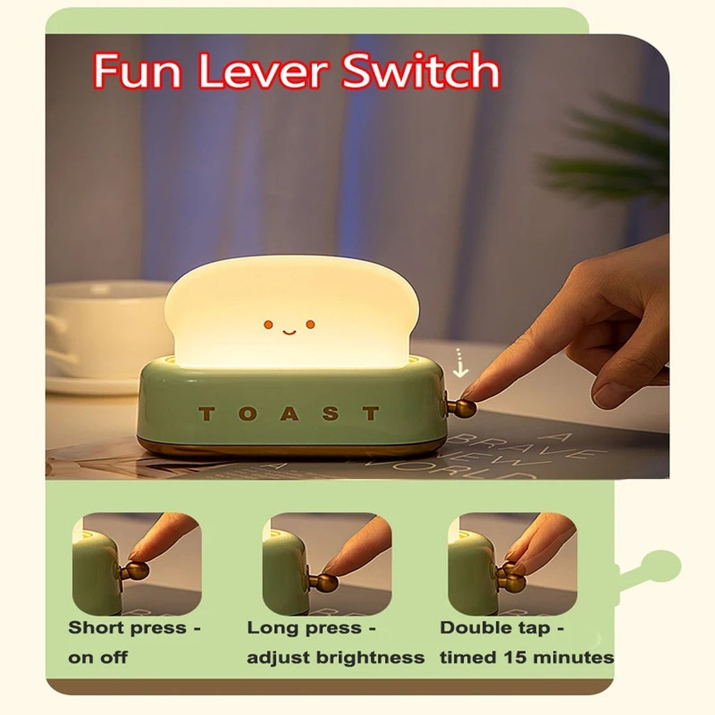 How the lever works: short press on and off, long press to dim, double tap for the 15-minute timer