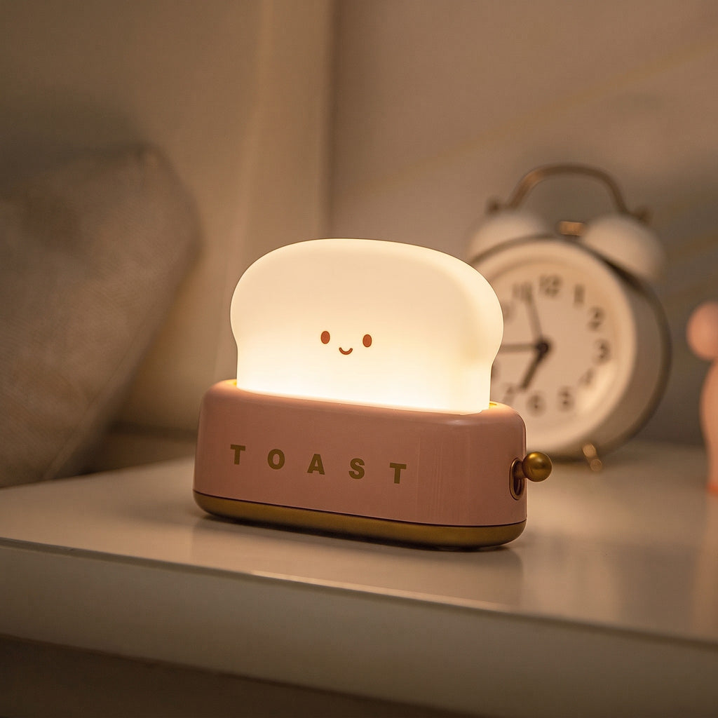 Toaster Night Light in pink, lit, on a nightstand beside an alarm clock