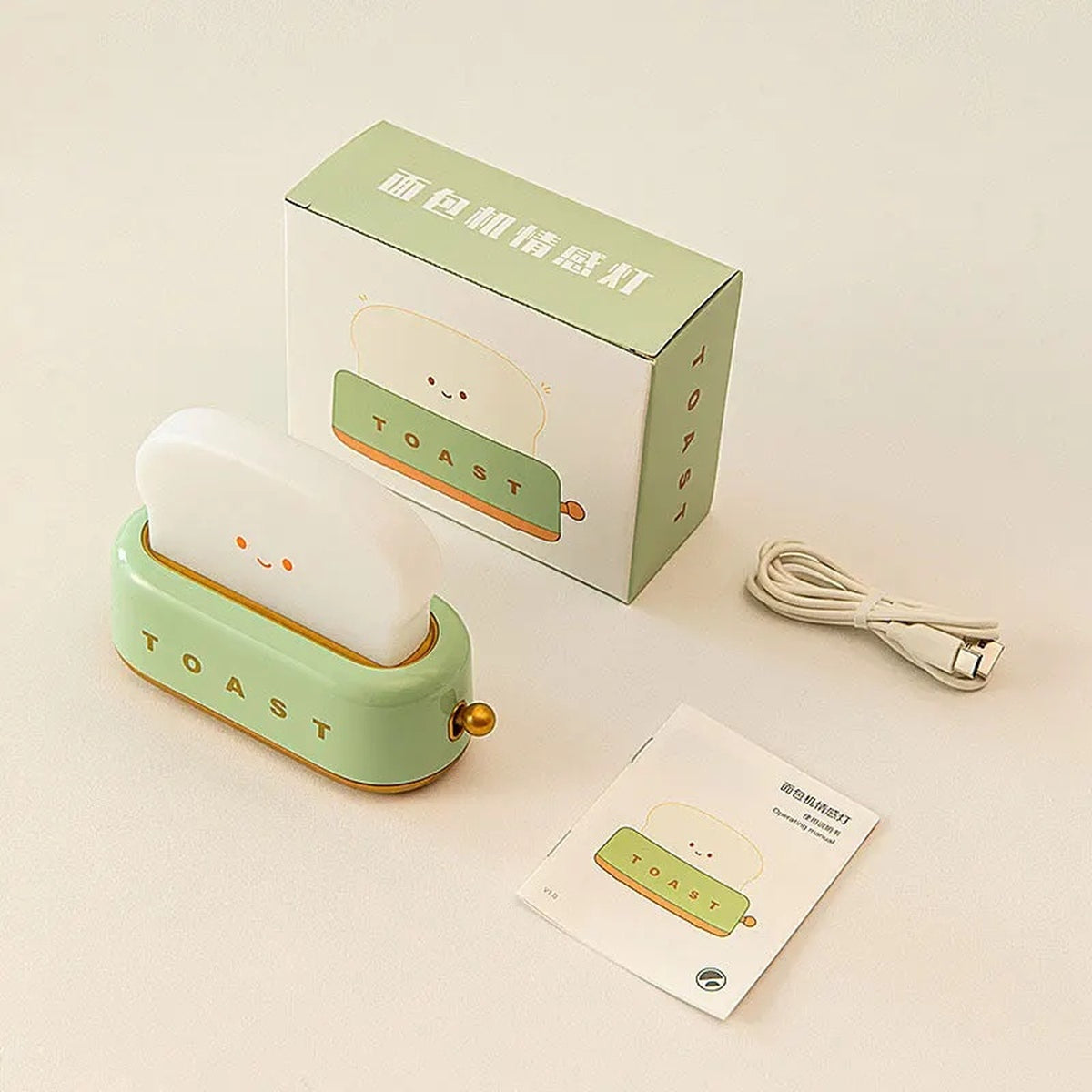 What is in the box: the Toaster Night Light, its gift box, a manual and a USB-C charging cable